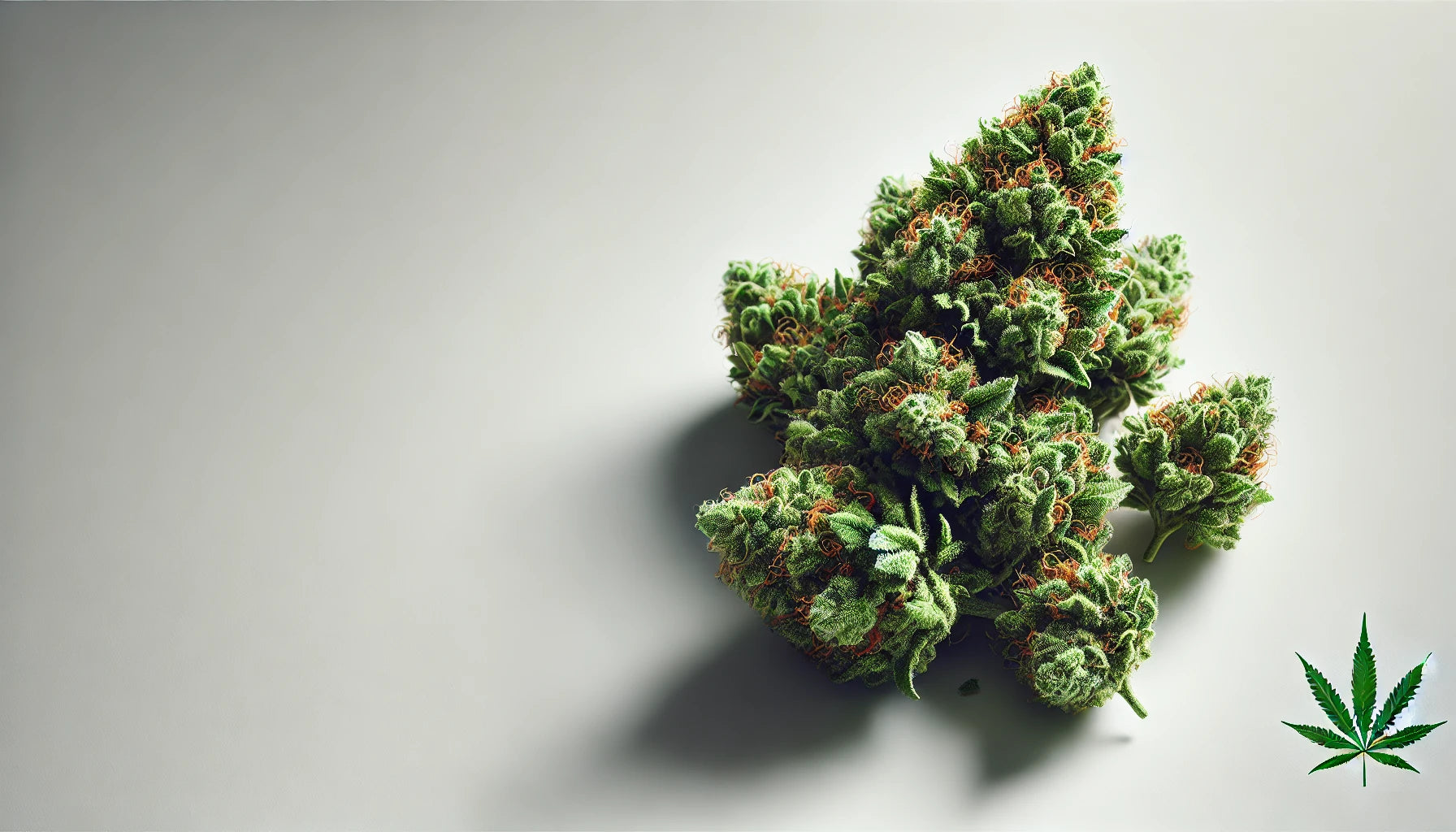 Cannabis buds on white surface with leaf icon.