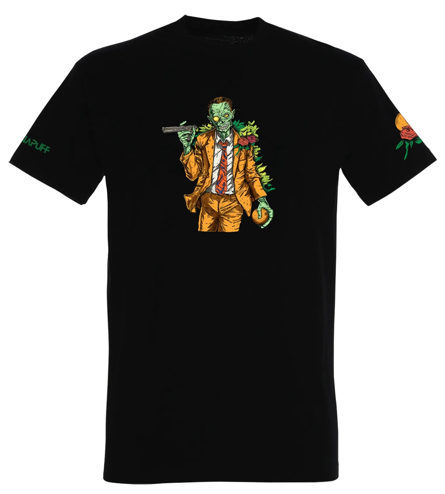T-shirt Canapuff preta com um zombie verde estampado
