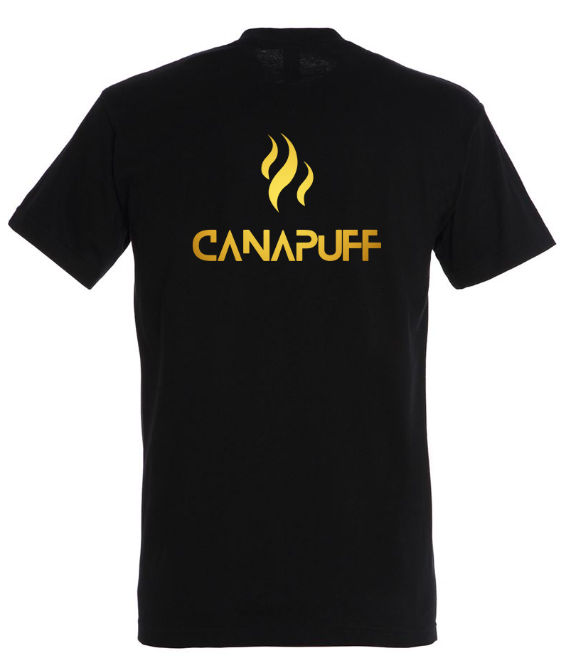 Canapuff T shirt in Black merch with gold text "canapuff"