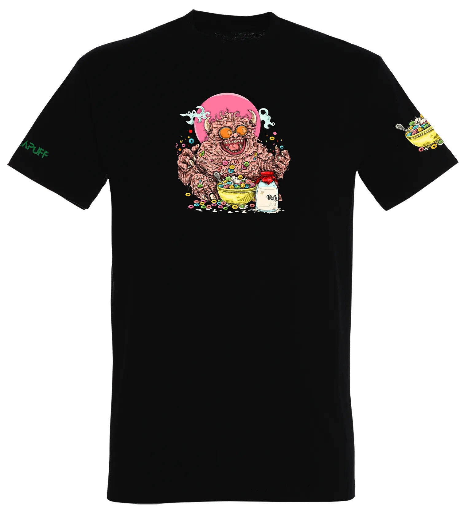 T-shirt Canapuff preta com um monstro em desenho animado