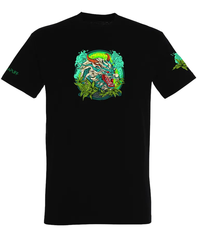 T-shirt Canapuff em preto com um dragão e cores vibrantes